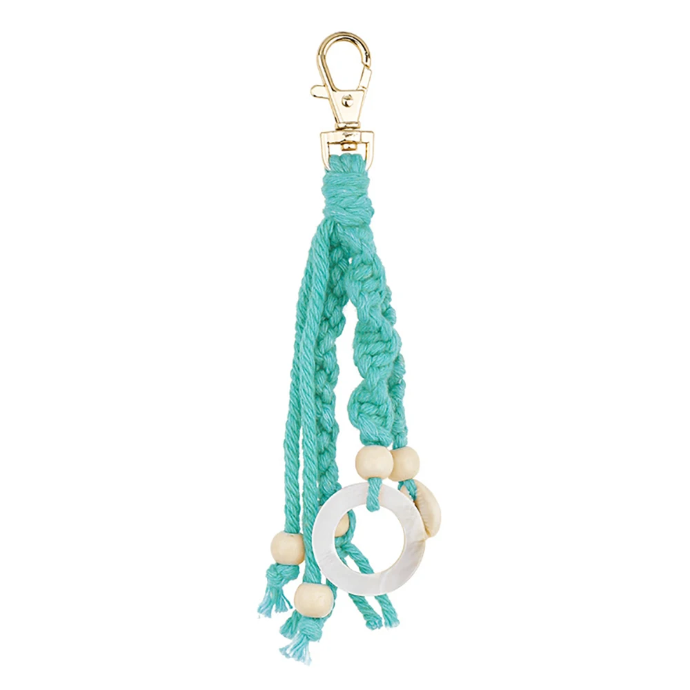 Boho Macrame Keychains with Wood Bead and Seashells, Handmade Accessories Keychain for Purse Keys, Mint Green