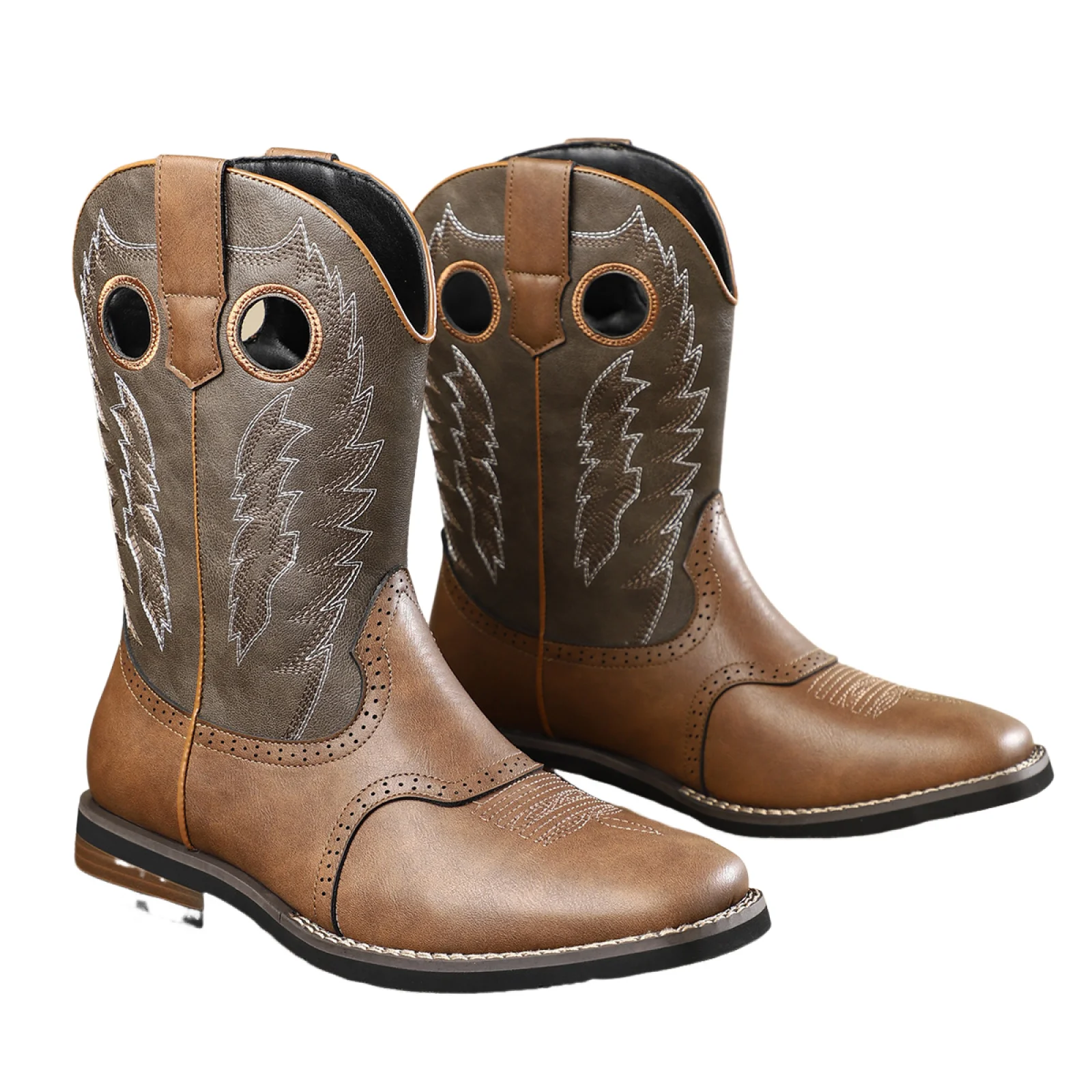 Men Western Cowboy Boots Round Toe Embroidered Calf Boots Retro Casual Riding Boots Thick Heel Multi-Colored