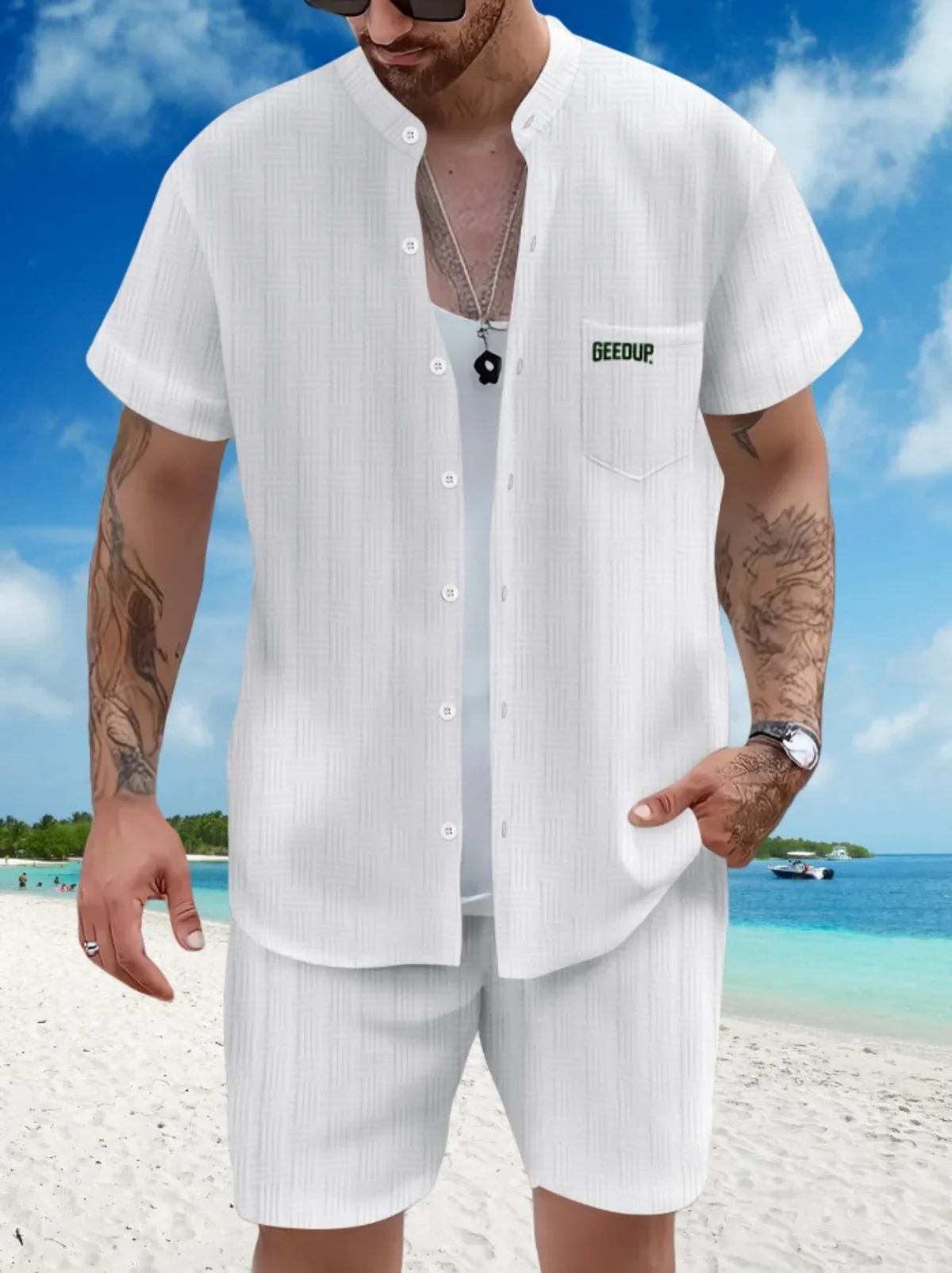 Men's 2025 Casual Beach Short Sleeve Suit Summer Fashion Stand Collar Pocket Loose Shirt Two-Piece Set