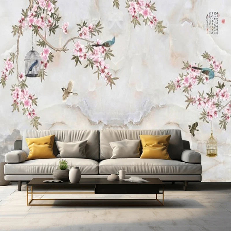 New Chinese-Style Plant And Flower Marble TV Background Wall Design For The Living Room Featuring Traditional Chinese Paintings