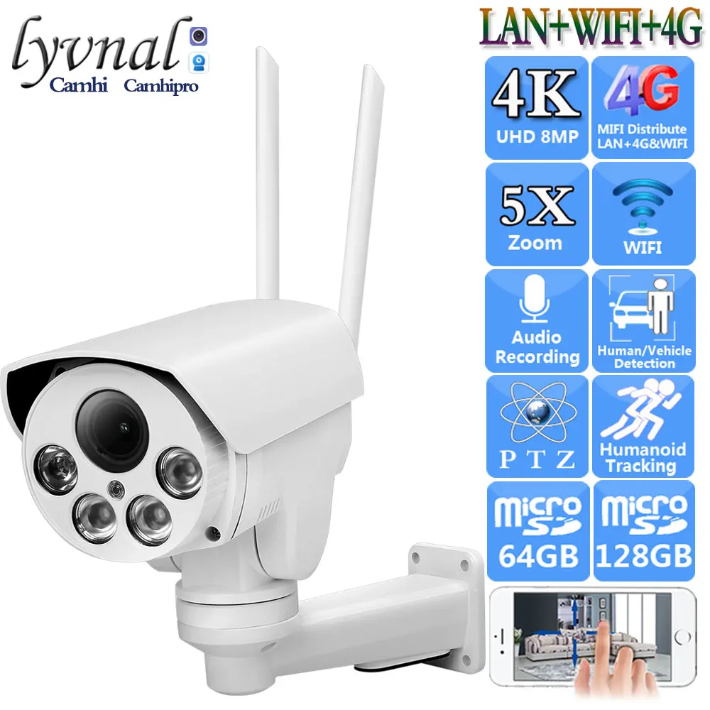 

Sonyimx415 4K 8MP 3G 4G SIM Card Wireless Security IP Camera Wifi PTZ Audio Bullet 5X Auto Zoom SD Card Human Detection IR 50M