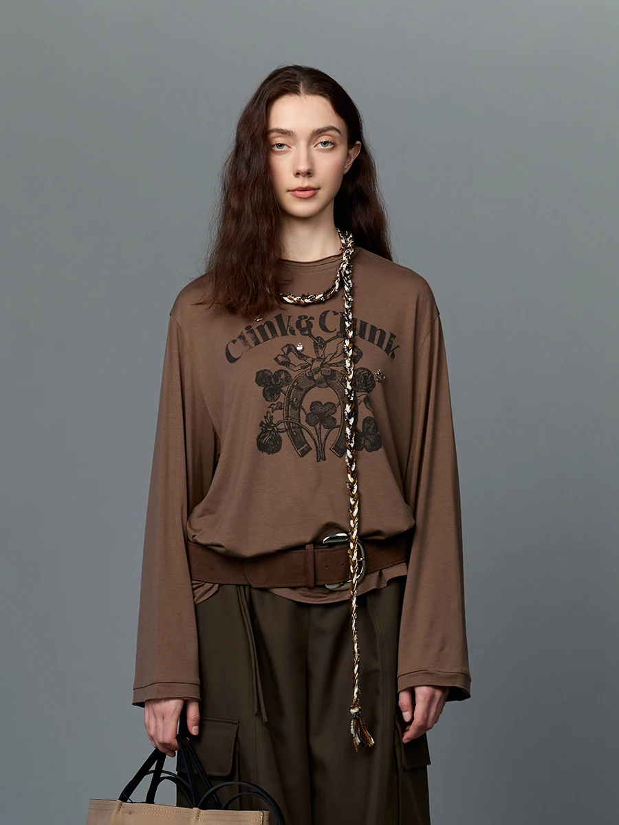

ClinkClunk Autumn Winter New Lazy Sle Vintage Brown Logo Print Loose Long Sve Hoodie Women Top Streetwear Ciwalk