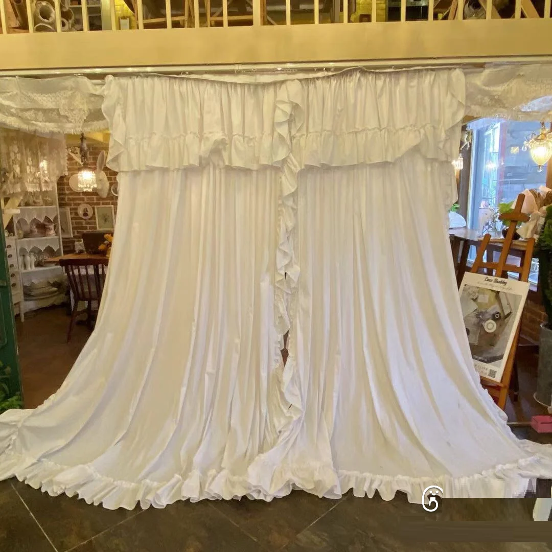 Light Flittering White Curtains with Valance, 100% Cotton, Ruffles, Rod Pocket, Princess, Girl's Bedroom, Living Room