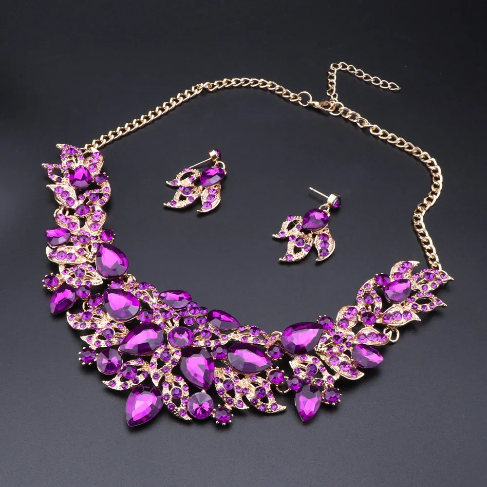 

Fashion Women's Wedding Bridal Rhinestone Crystal Statement Flower Necklace Earrings Party Jewelry Set