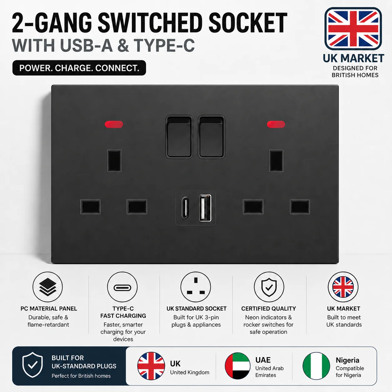Black UK Standard Wall Socket Switch Panel Type-C 18W Fast Charging 13A Usb 3.1A Wall Socket, Universal Dual 3-pin Power Outlet view 4