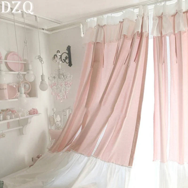 

French Elegant Bowknot Lace Curtains Living Room Princess Pink Cotton Lace Curtains for Balcony Wedding Curtains #A197