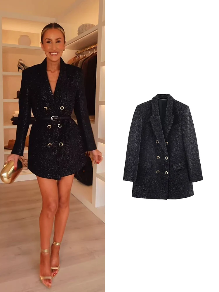 

TFMLN Elegant Office Lady Long Blazer 2026 New Fashion Double Breasted Long Sleeve Bright Silk Suit Coat Elegant Commuter Outfit