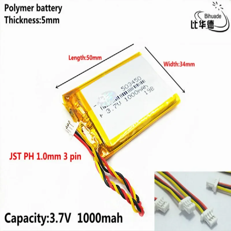 JST PH 1.0mm 3 pin Liter energy battery 3.7V,1000mAH 503450 Polymer lithium ion / Li-ion battery for tablet pc BANK,GPS,mp3,mp4