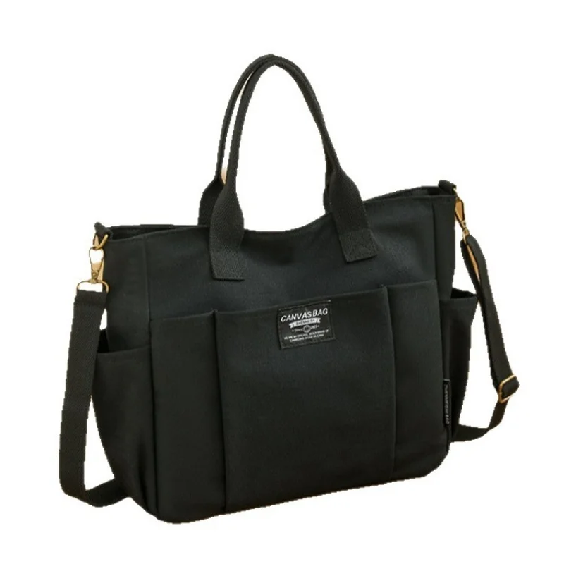 

Black Canvas Multi-Pocket Tote Bag Large Capacity Commuter Work School Bag