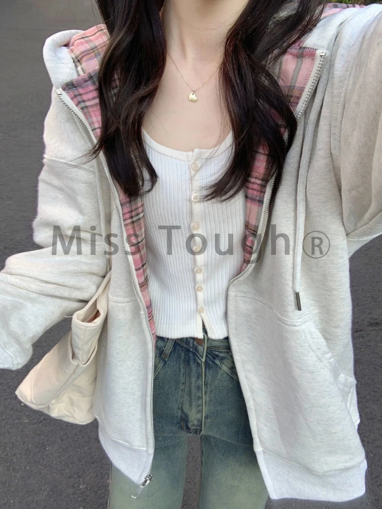 Winter Korean College Style Casual Hooded coat Women New Design Chic Zipper Sweatshirt Grey Loose High Street Plaid Coat 2024