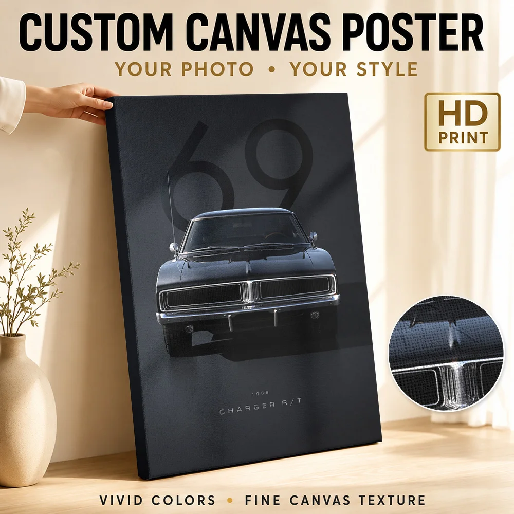 American Charger R/T 1969 Black Muscle Car Canvas Print Posters Sleek Wall Decor With Personalized Photo For Workshop Ideal Gift