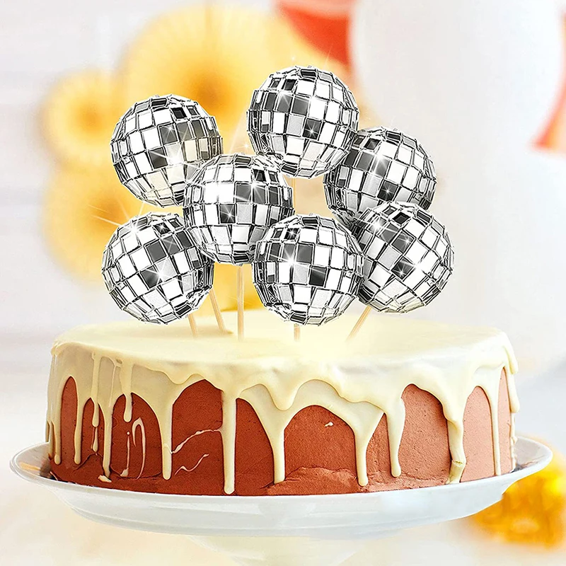 12 Pcs Sparkling Disco Ball Cake Toppers 80s 90s Retro Night Fever Party Disco Cake Decor Disco Dance Birthday Party Supplies