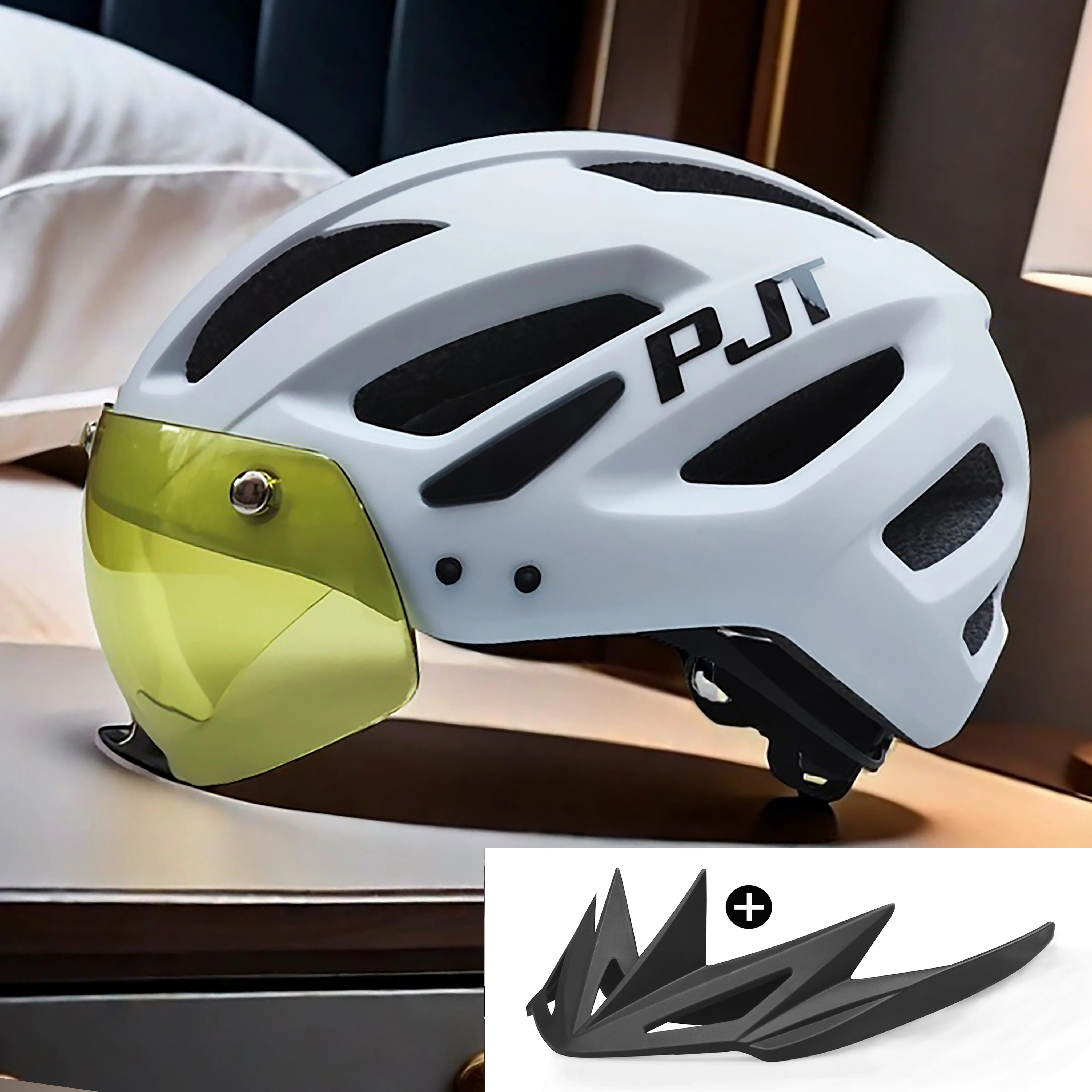 PJT Nieuwe LED Fietshelm Met Zonnebril Vizier Oplaadbare LED Heren Fietshelm Zonnebril Schild Road MTB Fietshelmen
