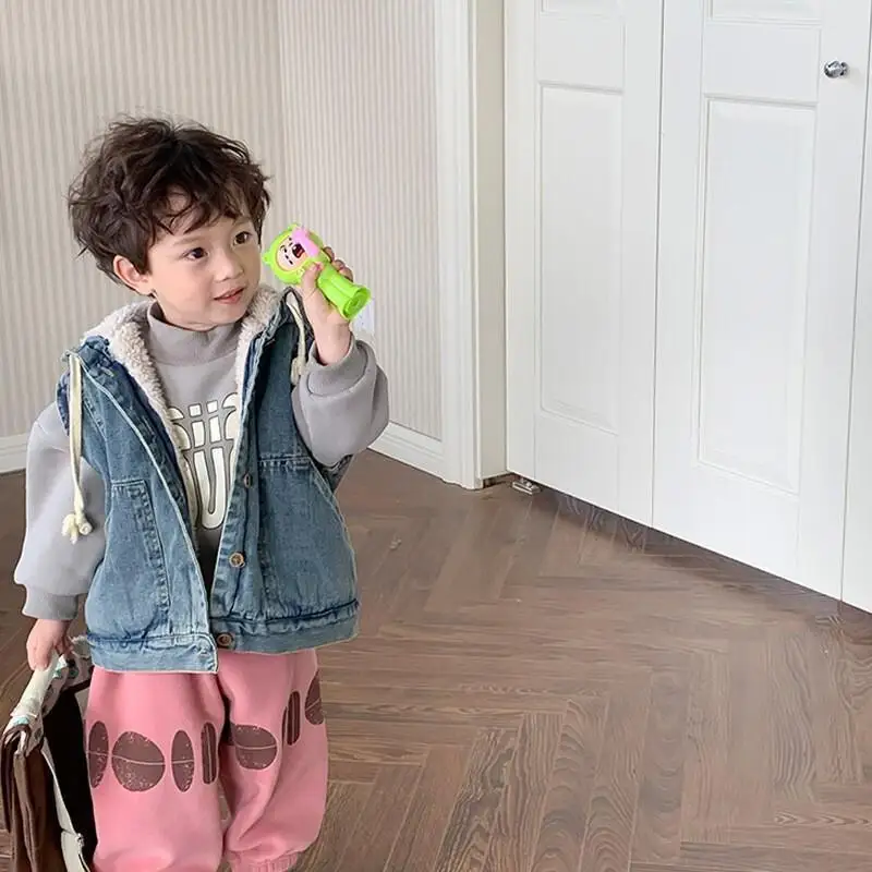 Children Winter Sleeveless Jacket Berber Fleece Outerwear Unisex Polyester Sherpa Denim Vest Kids Clothes Brother Sister Outfit