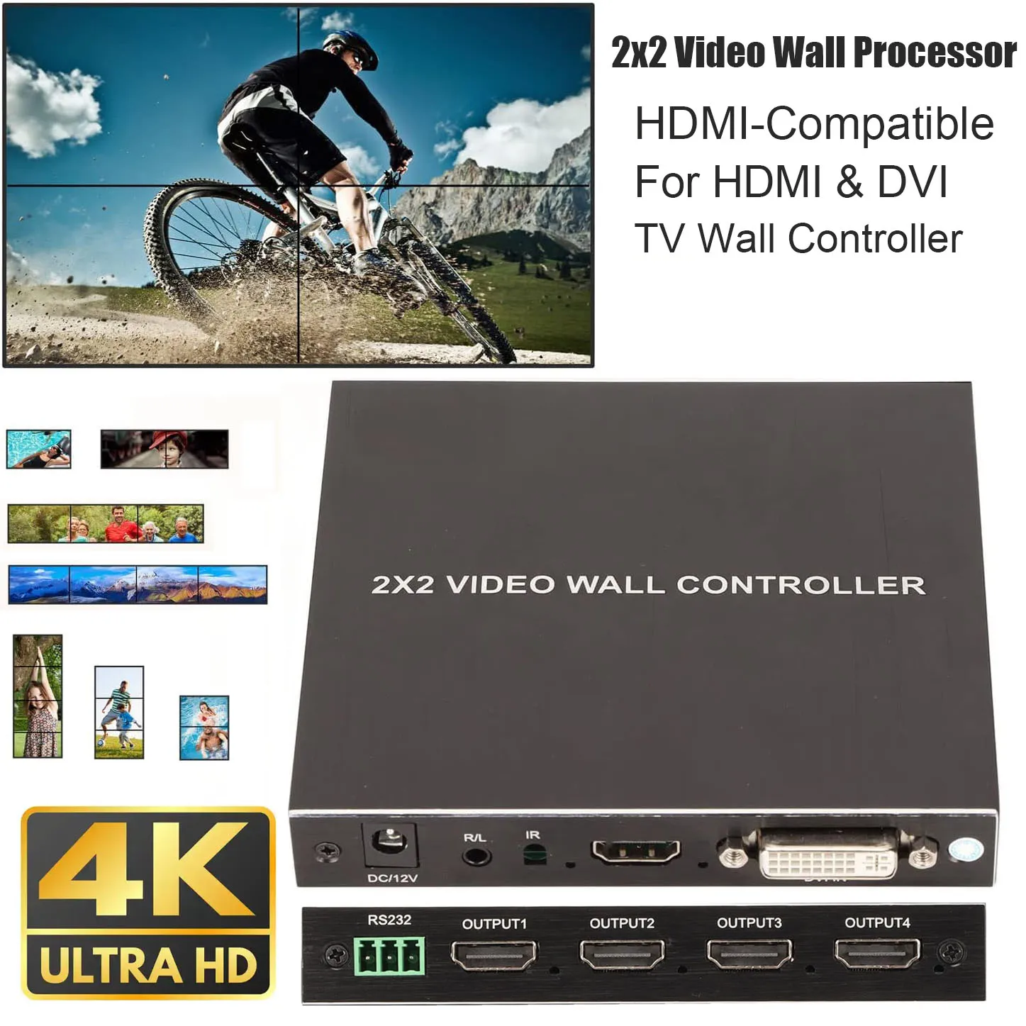 2x2 HDMI-Kompatibilität Video Wall Controller Prozessor für HDMI & DVI 4K Eingang 1080P Ausgang TV Fernbedienung RS232 Steuerung 180 °   Drehen Sie