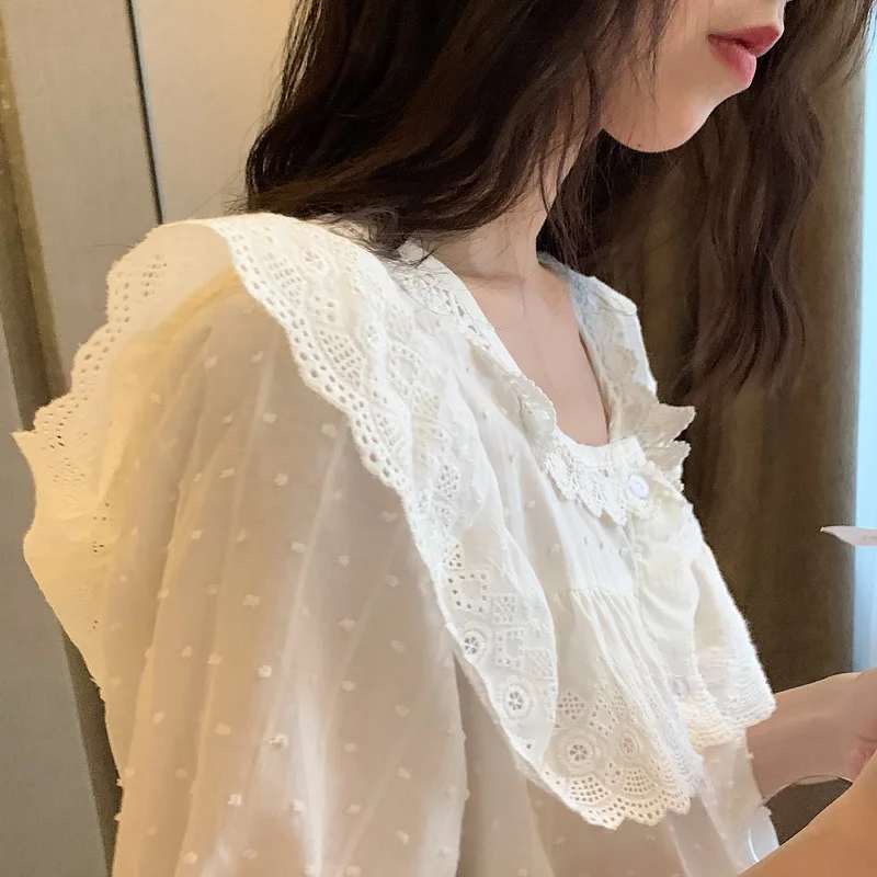 

Lady Jacquard Cotton Princess Nightgown Sweet Lace Square Neck Sleepwear Loose Ruffles Home Dress Baggy Nightshirt Loungewear