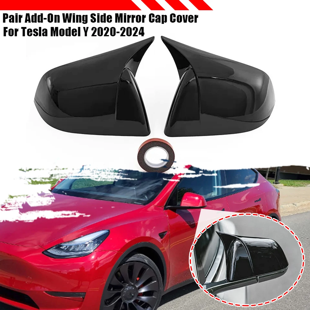 1 PAIR Side Rear View Mirror Cover Trim For Tesla Model Y 2020-2024  Tape-On Add-On OX Horn Style Door Side Wing Mirror Cover