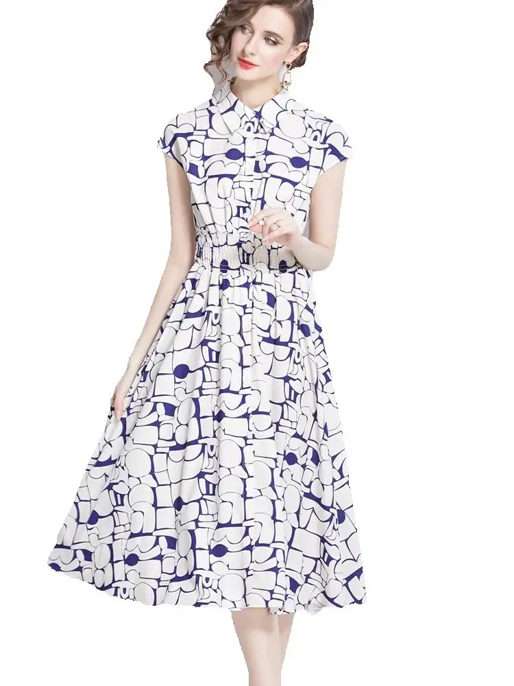 

Elegant Printed Lapel Short Sleeved Elastic Waist Dress 2025 New Fashionable Summer Women'S Clothing