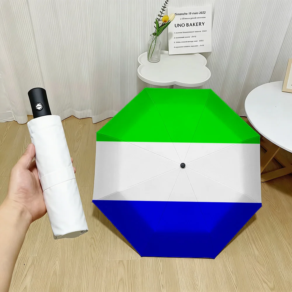 

Sierra Leone National Flag Green White Blue Horizontal Stripes Print Auto Folding Umbrella Waterproof Windproof Compact Travel U
