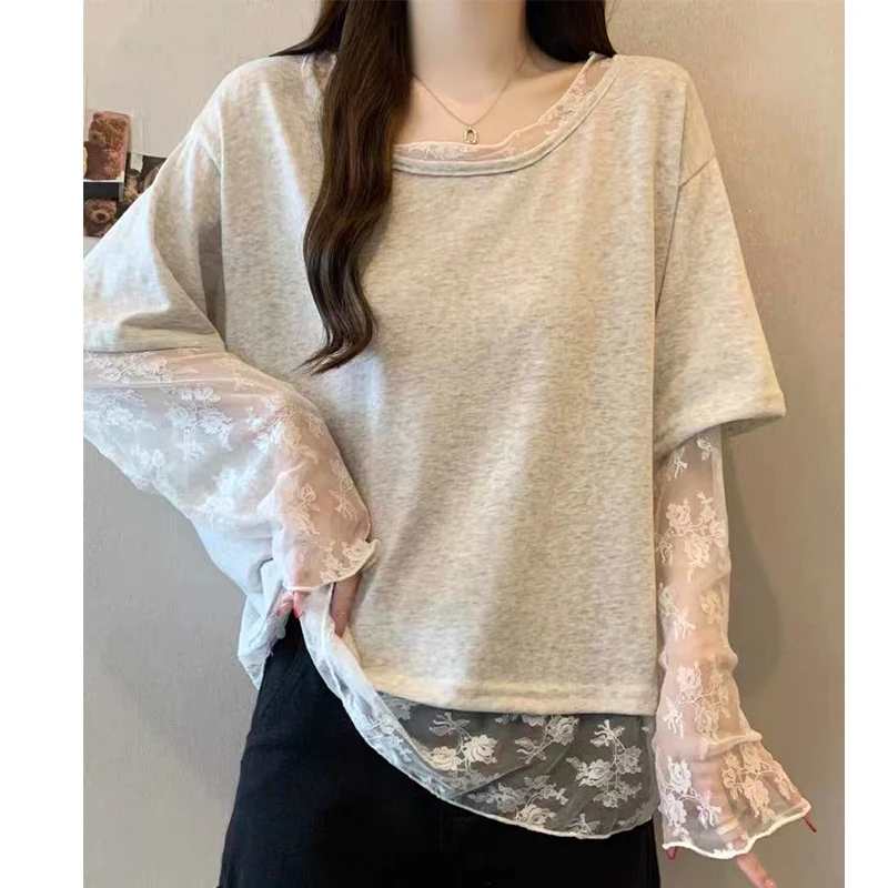 2026 New Women Plus Size Fake Two Piece Lace Long Sleeve Top Square Neck Sun Protection Sheer Floral Mesh Casual Blouse Tee