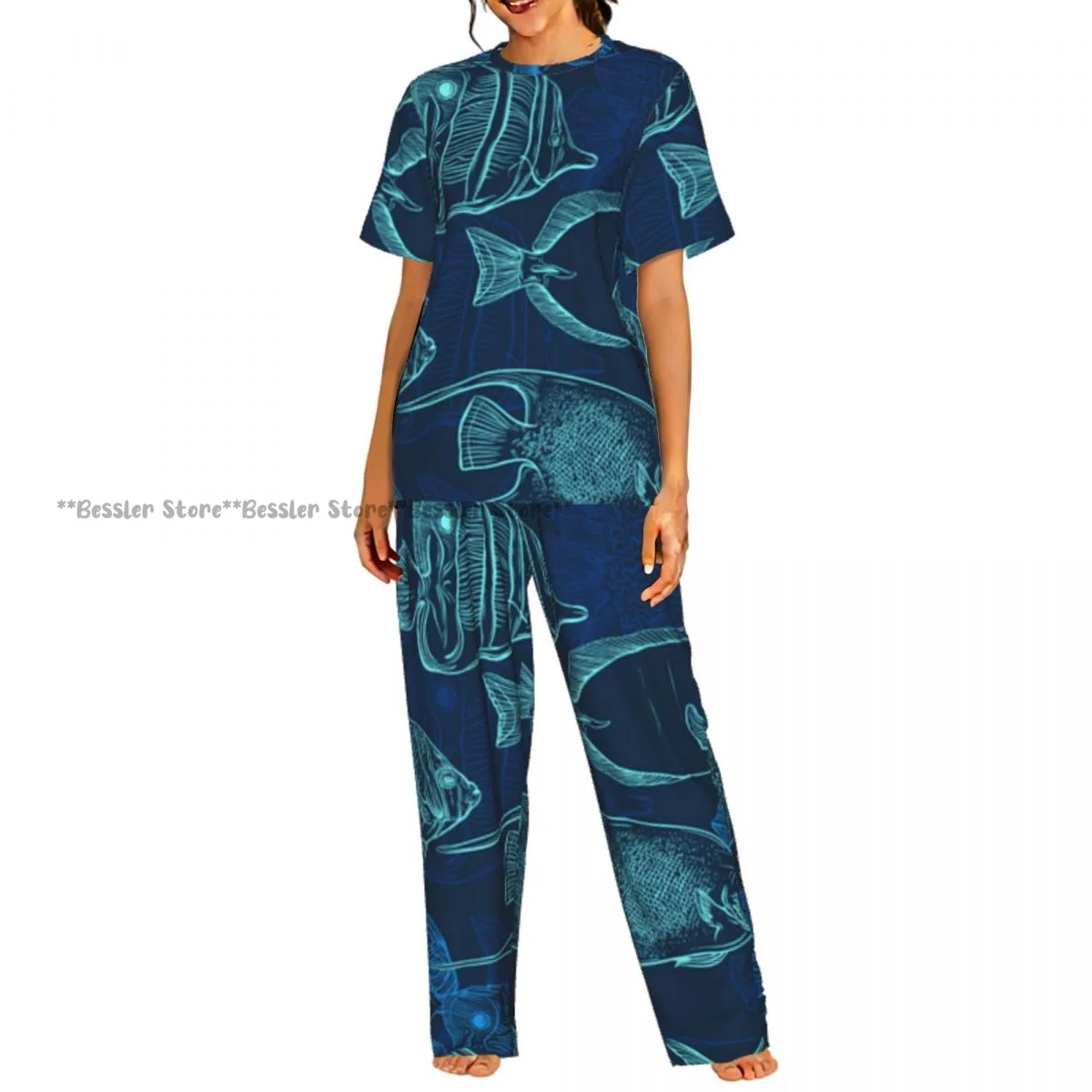 

Женская комфортная пижама с коротким рукавом, комплект для сна с принтом тропических рыб и винтажной морской фауны