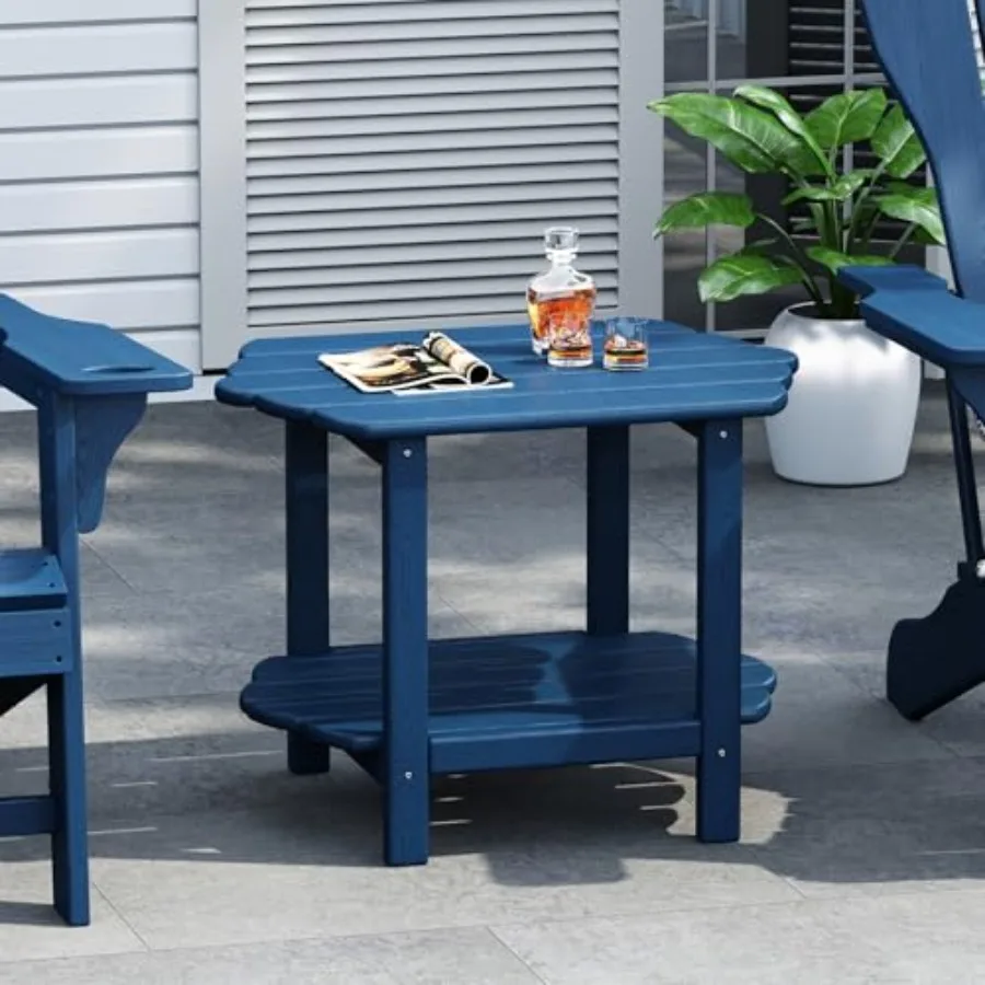 

Outdoor patio side table HDPE plastic blue 2-tier rustic design with storage shelf for balcony garden backyard or pool area