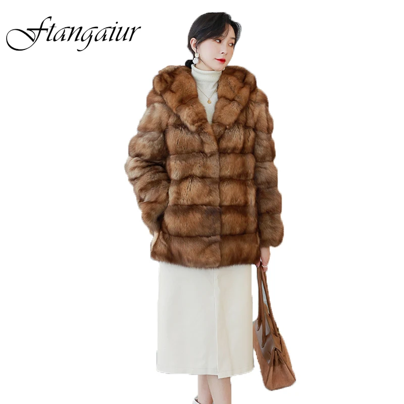 Ftangaiur New Winter Women Russian Gypsophila Sable Coat Custom-Made Sable Coat Women's Luxury Medium With Sable Fur Hood  Coats