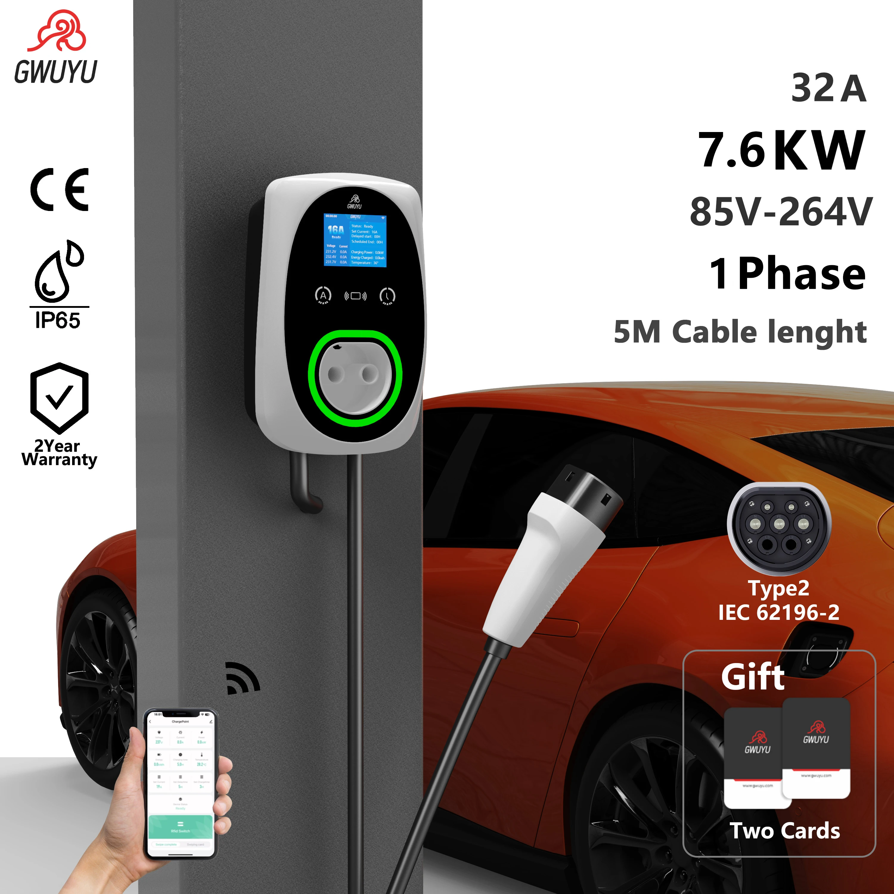 Wallbox Typ 2 EV-Ladegerät 7KW 11KW 22KW Smart-App-Steuerung IP65 Wasserdicht Wandmontage AC-Ladestation für Innen- und Außenbereich für Elektrofahrzeuge