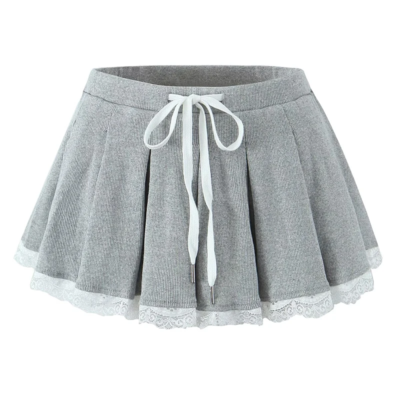 YENKYE White Lace Patchwork Gray Knit Pleated Skirt For Women Sexy Low Waist Y2K  Summer Mini Skirts