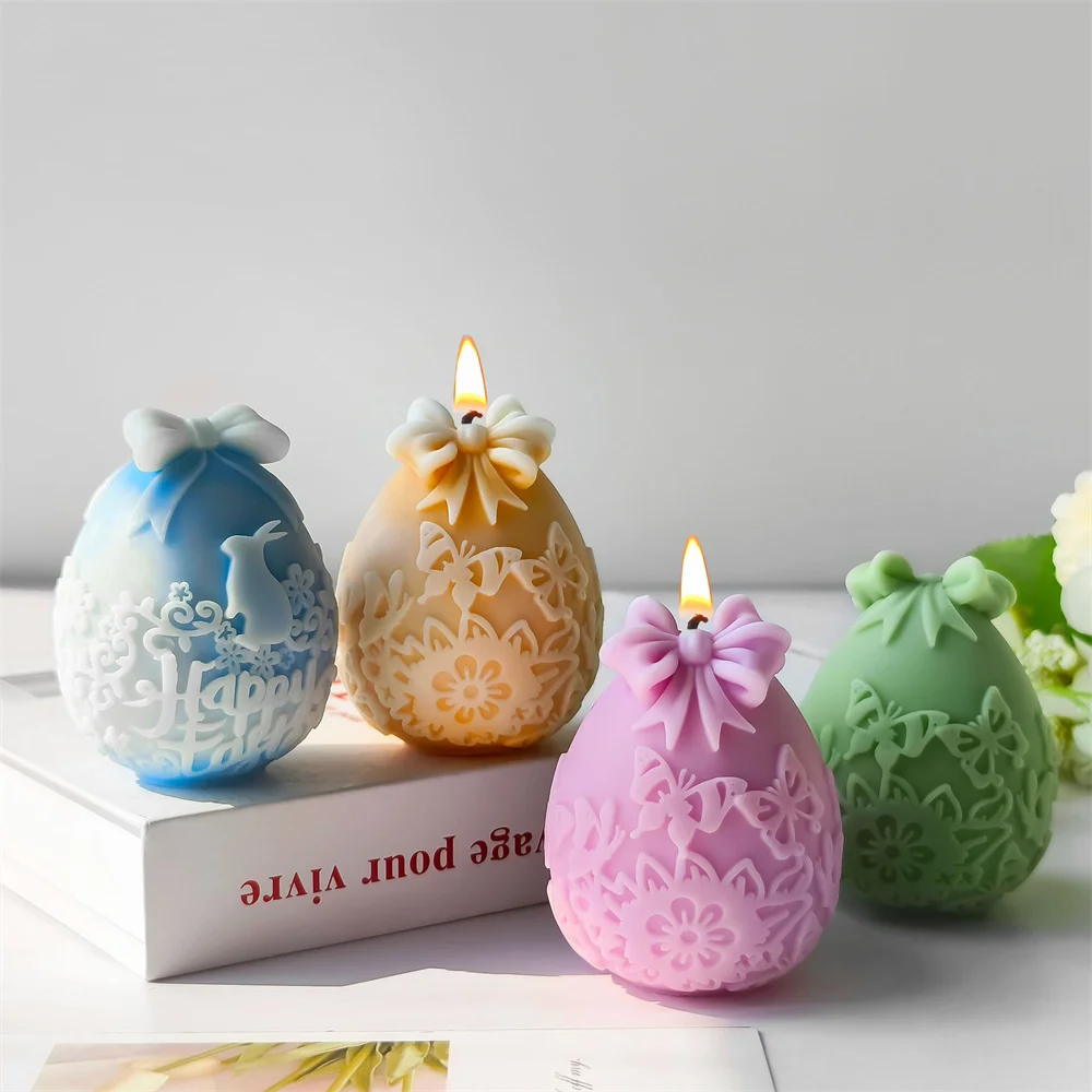 3D Easter Egg Candle Silicone Mold Embossed Rabbit  Butterfly Bow Candle Mold Plaster Drop Glue Mold Handmade Soap Aromatherapy