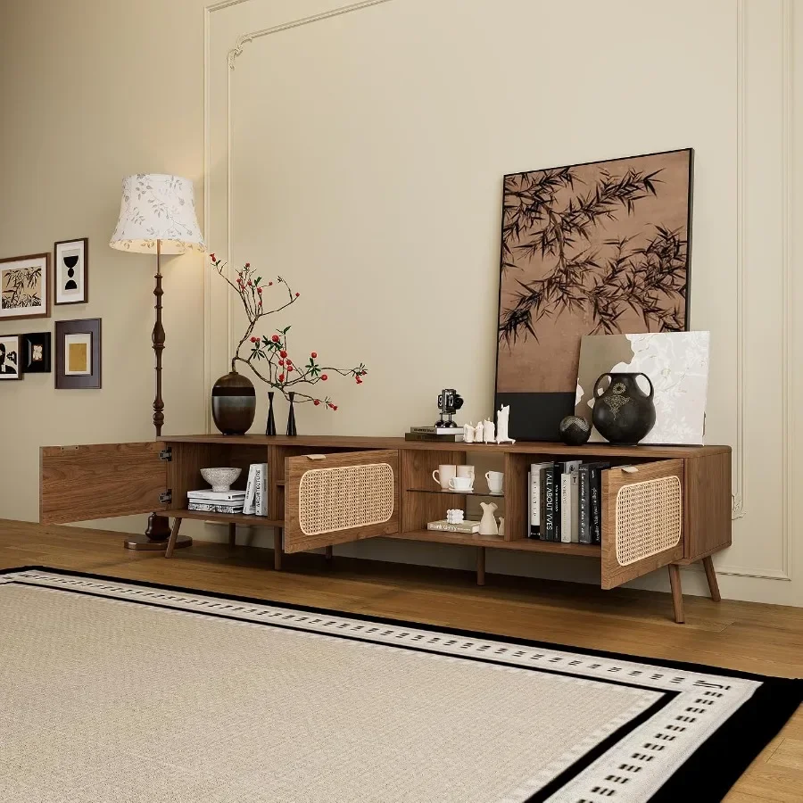 78 TV Stand for 75/80/85 inch TV, Living Room Console in Wood Finish, Black, Ample Storage with Open Shelf and Cable Management