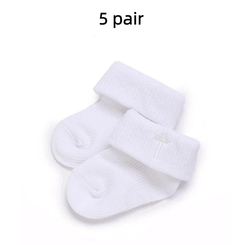 White Soft Infant Kids Cotton Baby Socks Newborn Baby Baptismal Socks 0-18Months 5 Pair of Socks