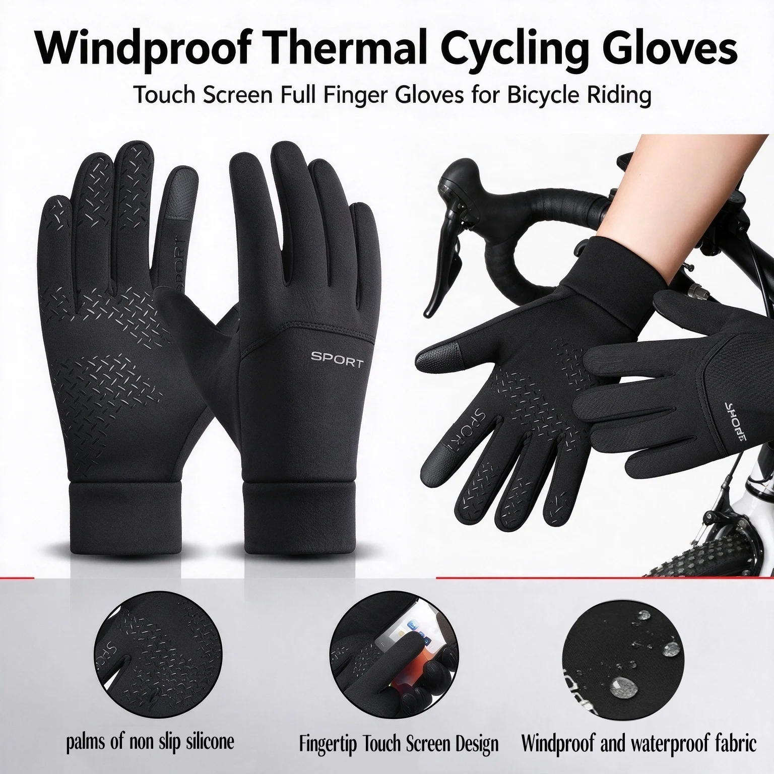 Windproof Motorcycle Gloves Outdoor Sports Ski Running Touch Screen Thin Style Fleece Gloves Non-Slip Warm Full Fingers