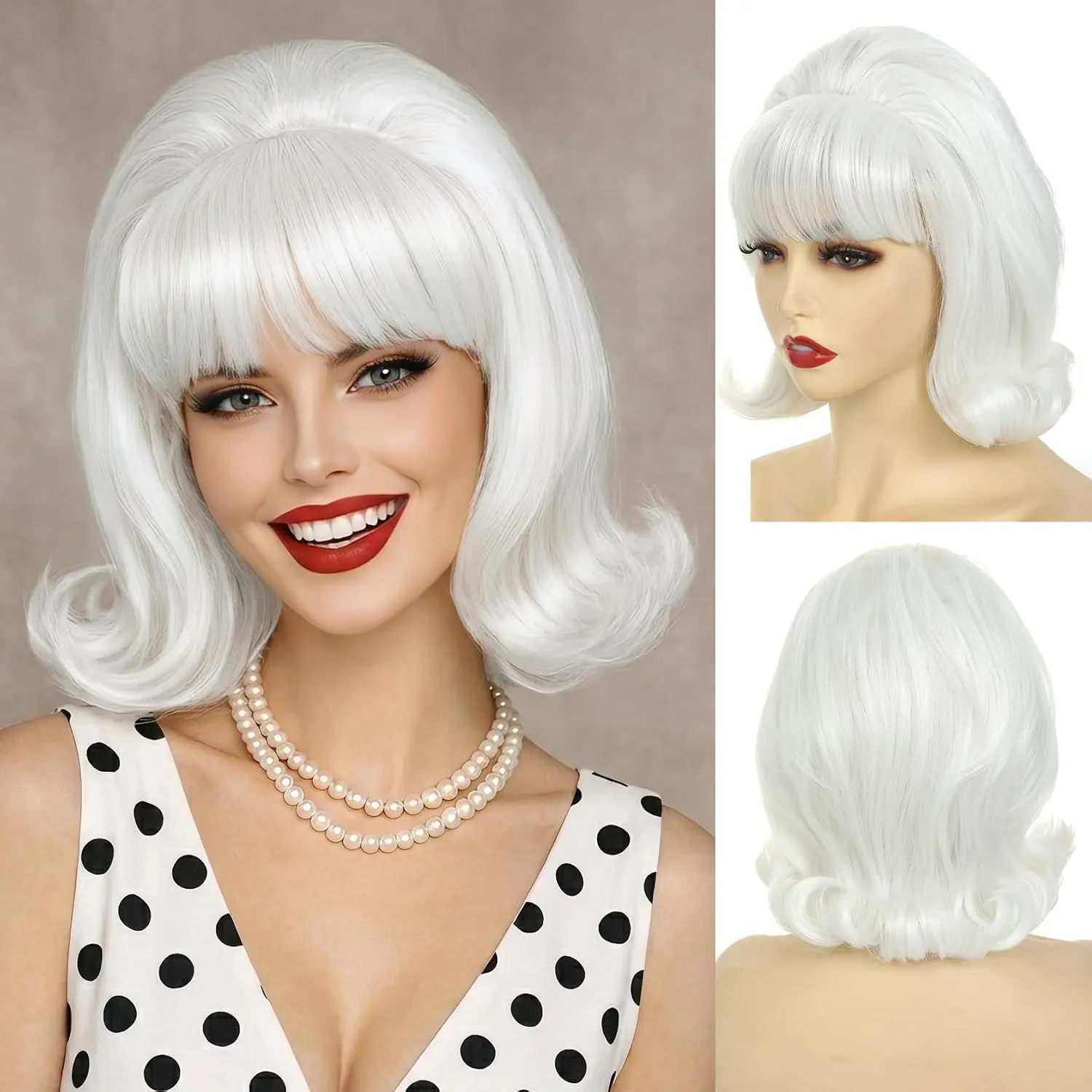 HAIRJOY Kunsthaar-Perücke, kurzer Bob mit Pony für Damen, 60er- und 70er-Jahre-Retro-Bienenstock-Bouffant-Perücken, Vintage-Kostümperücke für Halloween – Detail 14