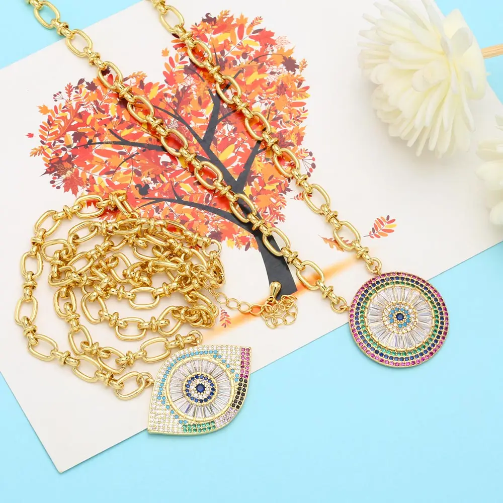 FLOLA  Luxury Big Crystal Evil Eye Necklaces for Women Copper Gold Plated O Chain Necklace Lucky Turkish Jewelry Gifts nkeb347