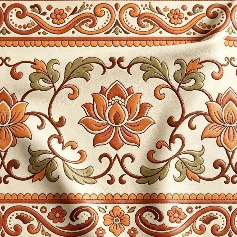 PU Leather Lotus Print Seat Cushion Cover Vintage Unstuffed Round Footstool Cover Folding Space Saving Clothes Storage Bag