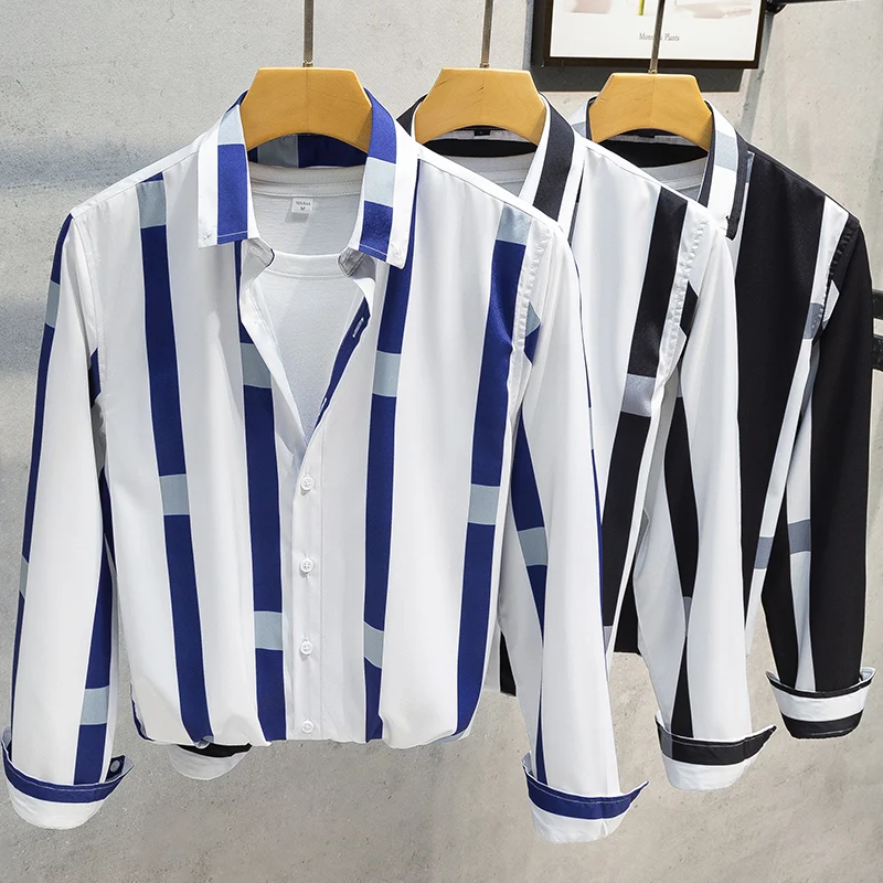 

Новая осенняя мужская деловая повседневная рубашка в полоску без глажки, с длинным рукавом, молодежная, модная, для весны и осени, приталенного кроя