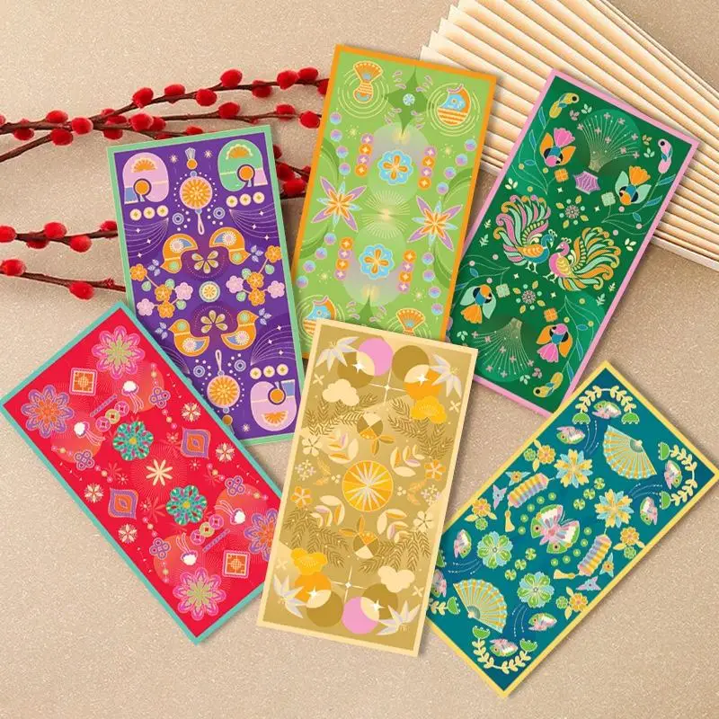 6 Pcs Cartoon Eid Mubarak Envelopes Elegant Pattern Paper New Year Red Envelopes HongBao Bless Words Ramadan Envelopes