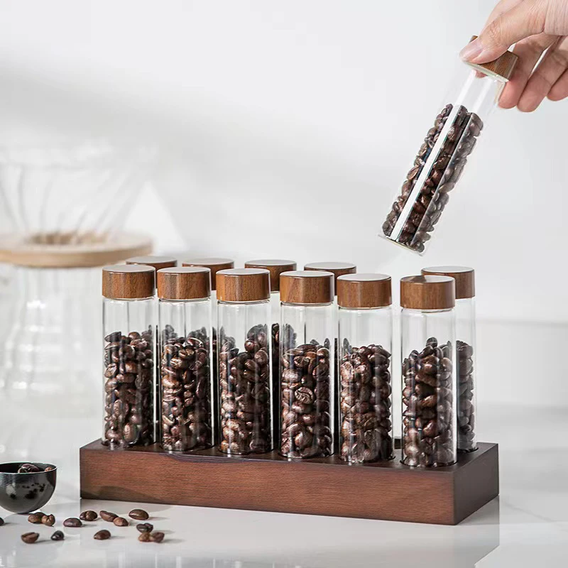 Coffee Beans Storage Container Display Rack Walnut Tea Tube Bottle Glass Espresso Coffee Accessories Tool Barista Coffeware Sets