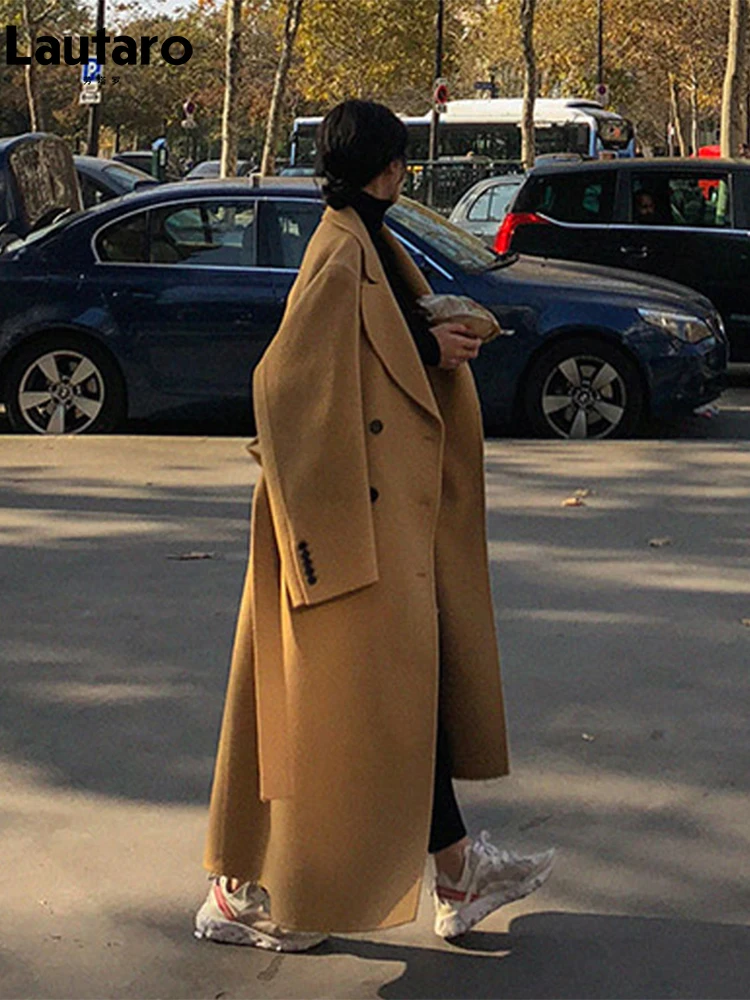 

Lautaro Autumn Winter Extra Long Warm Soft Wool & blends Coat Women Double Breasted Loose Maxi Overcoat New in Outerwears 2024