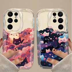 Dreamy Cloud Cat 3D Wave Case For Samsung Galaxy S24 Ultra S23 S22 Plus S21 S20 FE A25 A55 A35 A15 A05 A05S Clear Back Cover