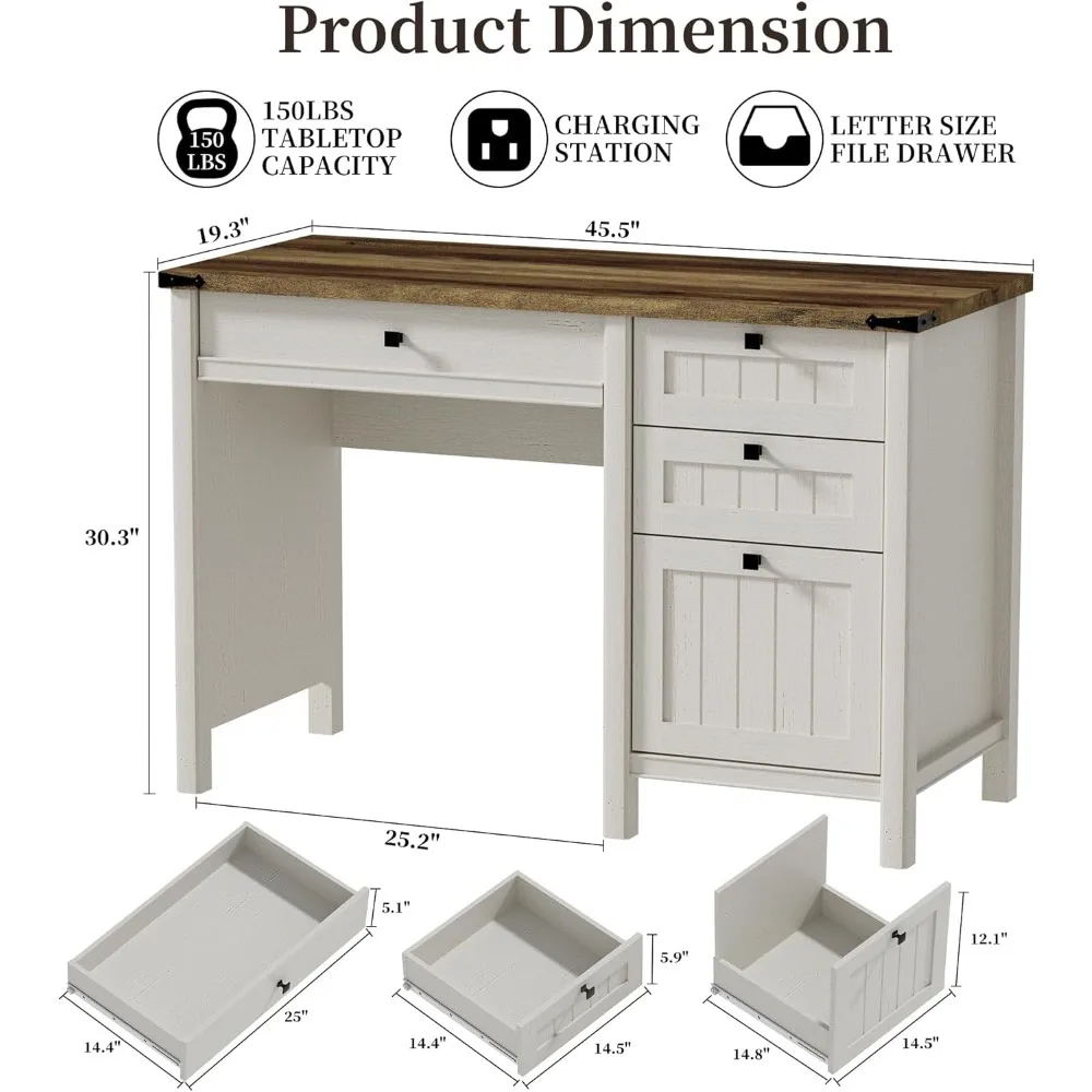 

Administrative desk, farmhouse computer desk with drawers and cabinets, home desk in work study writing workspace (white, 45)