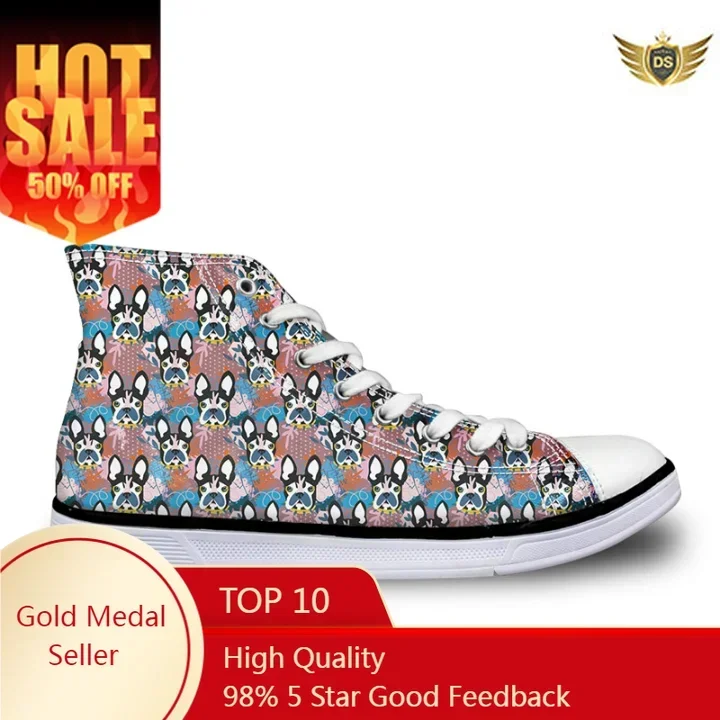 

Cartoon Bulldog Print Pattern Casual Canvas Shoes Women's High Top Vulcanize Running Shoes Berathable Female Sneakers