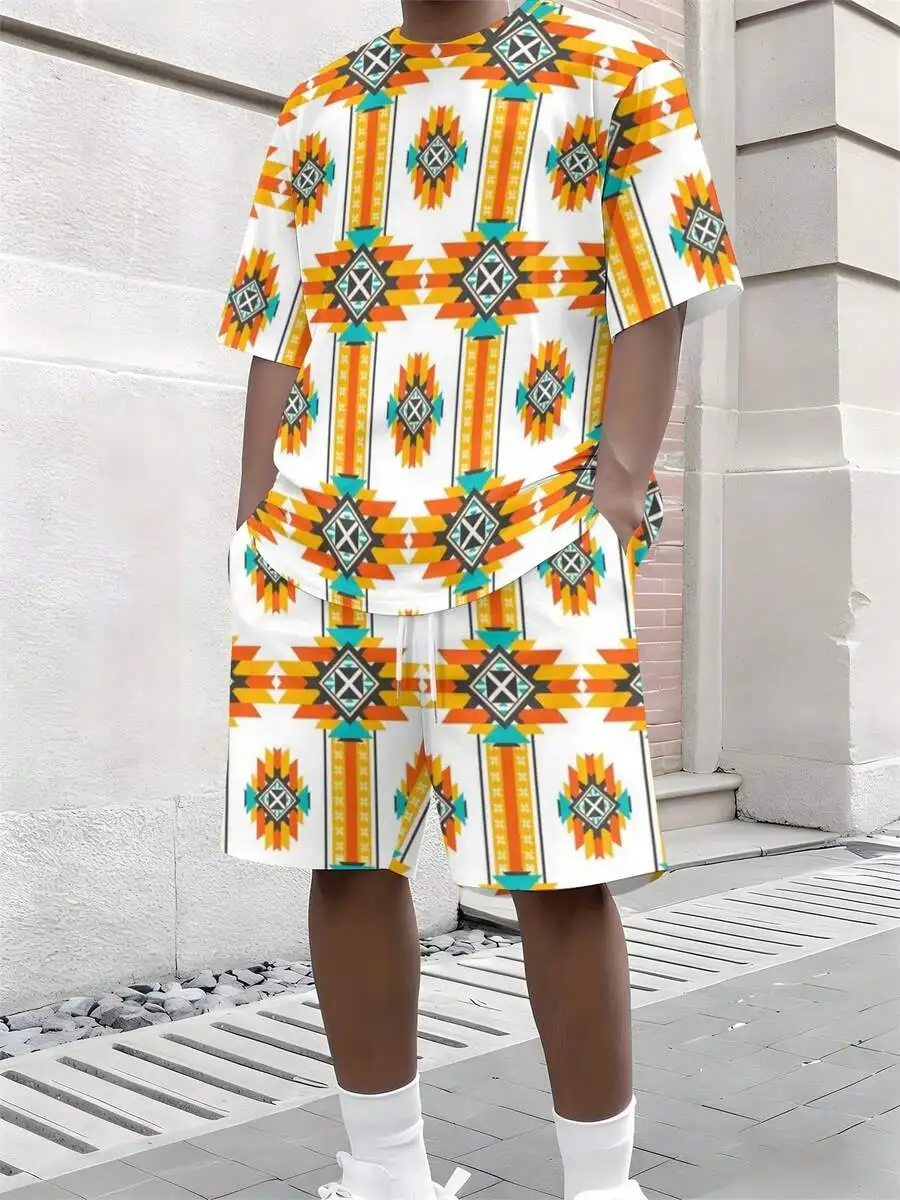 

Mens Summer Two Piece Set With Geometric Totem Print Loose Fit Breathable
