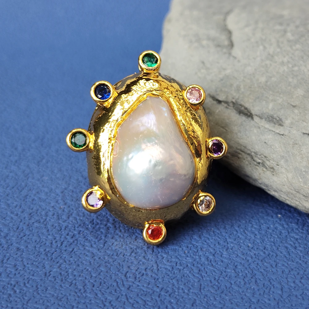 

YYGEM 28x32mm Natural White Reborn keshi Pearls Finger Rings Adjustable Wedding Ring Jewelry