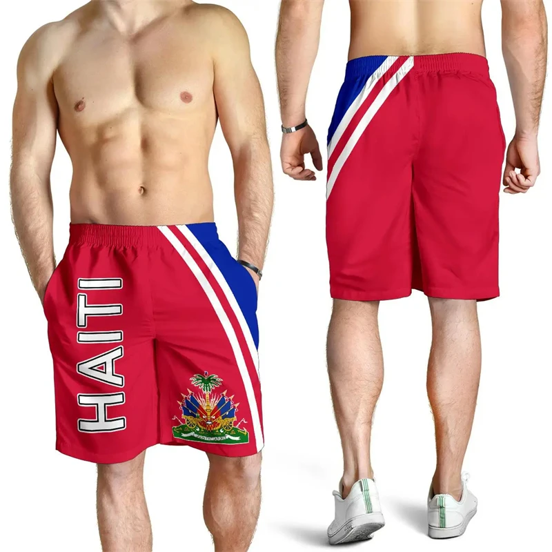 

2026 Haiti National Flag & Emblem Graphic Shorts Red Blue Casual Elastic Waist Summer Beach Board Shorts for Men