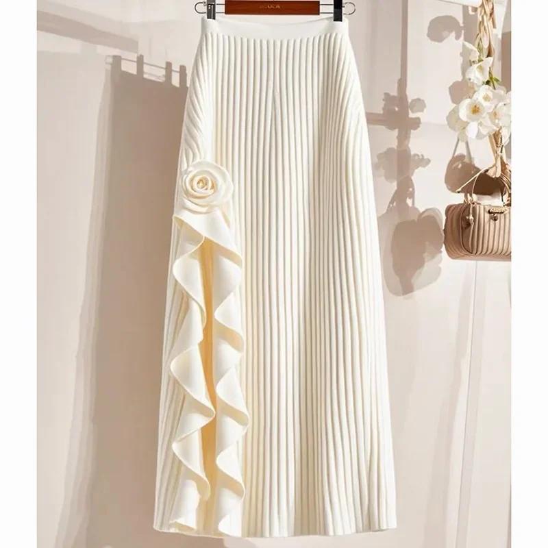 New French 3D Floral Ruffles Skirt Women Fashion Elegant High Waist Casual Solid Color Party Skirts Spring Summer Jupe