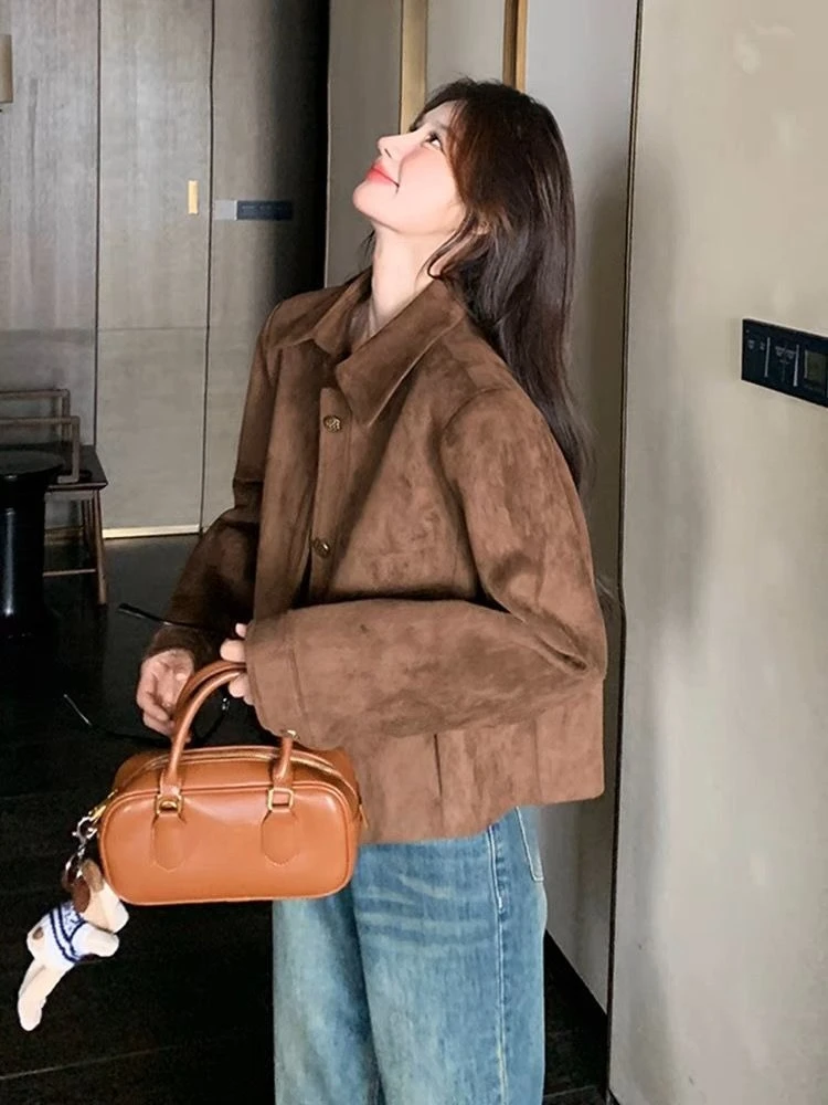 

2025 Spring Autumn Women's Marron Suede Jacket Short Vintage Collared Jacket for Casual Outfits