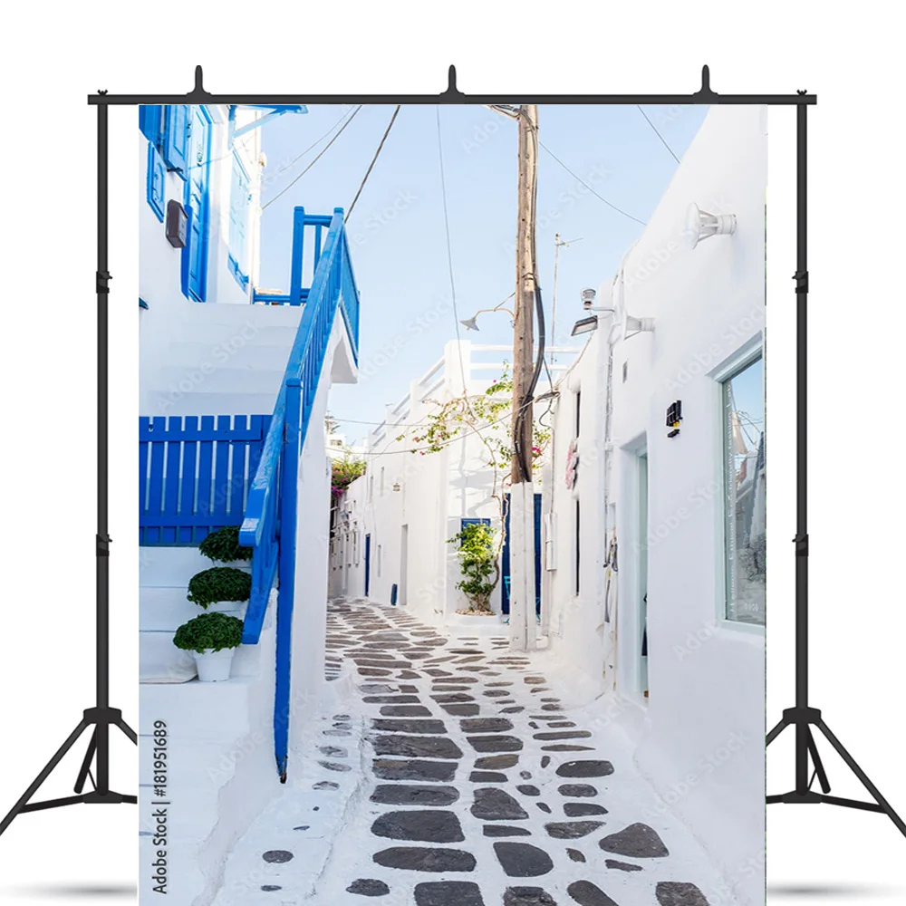Paisaje de Isla de mar de flores y plantas verdes, casa antigua, pigmento blanco, Fondo de fotografía de boda, utilería LJD-03