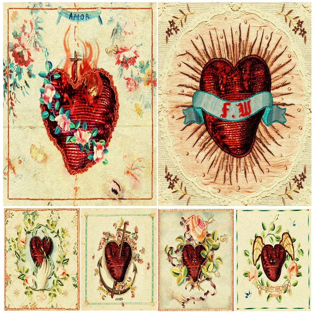 

Red Sacred Heart,Cobweb,Anchor,Bible,Abstract Wall Art, Canvas Painting, Vintage Folk Art Poster Print, Home Decoration Unframed
